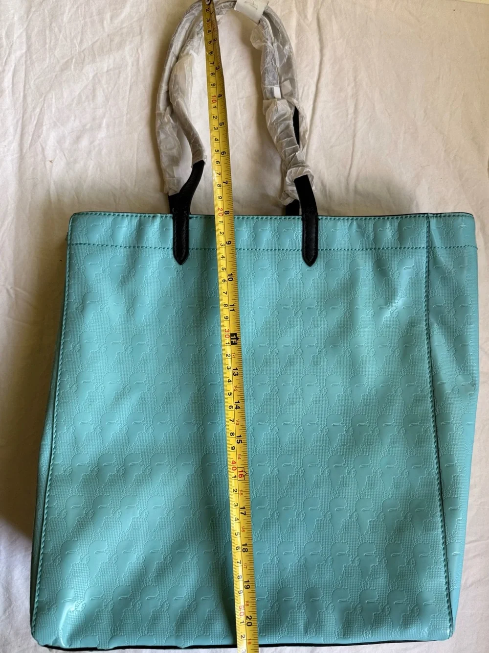 Karl Lagerfeld Light Teal Patent Tote with Black Leather Handles